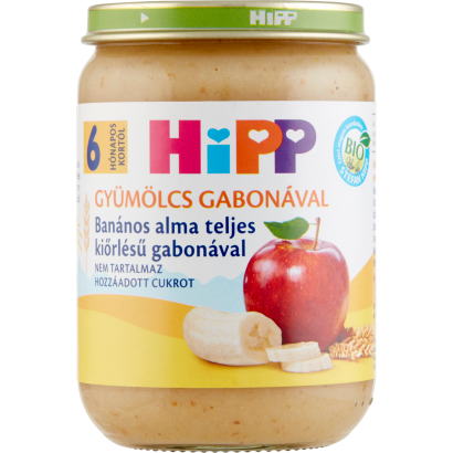 HiPP Gyümölcs Gabonával BIO banános alma teljes kiőrlésű gabonával bébidesszert 6 hónap 190 g
