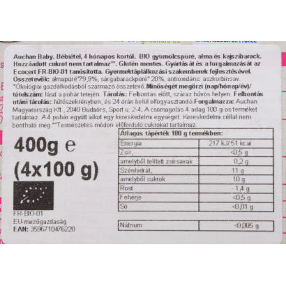 Auchan Kedvenc Baby BIO Gyümölcspüré alma-sárgabarack 4 hónapos kortól 4 x 100 g