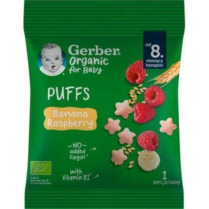 Gerber bio banános és málnás gabonasnack, 8 hónapos kortól 7 g