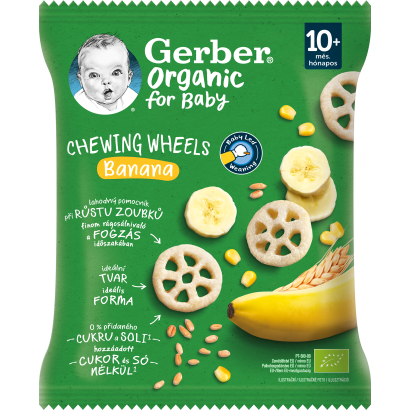 Gerber Chewing Wheels banános bio gabonasnack, 10 hónapos kortól 28 g