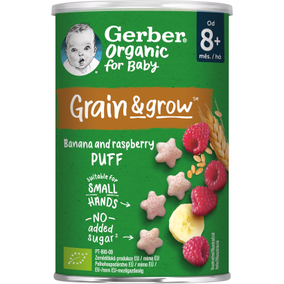 Gerber bio banános és málnás gabonasnack, 8 hónapos kortól 35 g