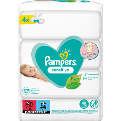 Pampers Sensitive Nedves Törlőkendő, 4 csomag = 320 db Törlőkendő