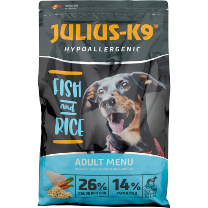 Julius-K9  Hypoallergenic Adult Menu teljes értékű kutyaeledel hallal és rizzsel 3 kg