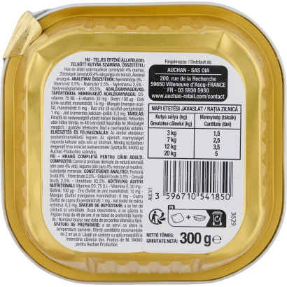 Auchan Kedvenc teljes értékű állateledel felnőtt kutyák számára zöldséges marhával 300 g