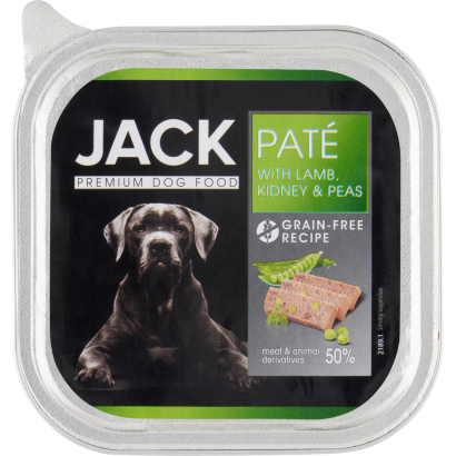 Jack premium pástétom bárányhússal, vesével és zöldborsóval kutyáknak 150 g