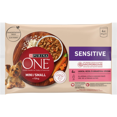 Purina One Mini Sensitive lazaccal nedves kutyaeledel 4 x 85 g (340 g)