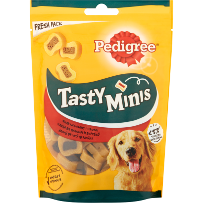 Pedigree Tasty Minis  marha és baromfi ízesítésű kiegészítő állateledel felnőtt kutyák számára 155 g