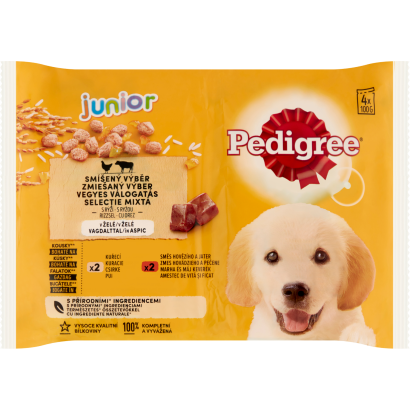 Pedigree Junior teljes értékű vegyes válogatás eledel kölyöknek rizzsel vagdalttal 4 x 100 g (400 g)
