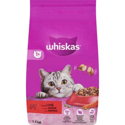 Whiskas 1+ teljes értékű szárazeledel felnőtt macskák számára marhával 1,4 kg