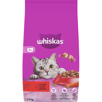 Whiskas 1+ teljes értékű szárazeledel felnőtt macskák számára marhával 3,8 kg