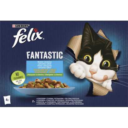 Purina Felix Fantastic lazaccal, cukkinivel/pisztránggal, zöldbabbal aszpikban macskaeledel 4 x 85 g
