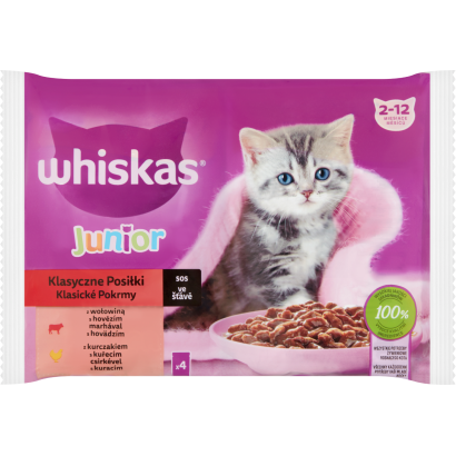 Whiskas Junior Klasszikus Ételek teljes értékű nedves eledel kölyökmacskáknak 4 x 85 g (340 g)