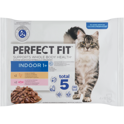 Perfect Fit Indoor 1+ teljes értékű állateledel mártásban felnőtt macskáknak 4 x 85 g (340 g)