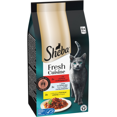Sheba teljesértékű alutasakos macskaeledel felnőtt macskák számára Párizs ihlette ízekkel - 6x50g