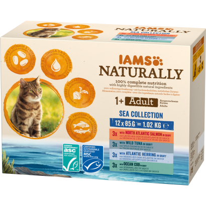 IAMS Naturally nedves eledel felnőtt macskáknak tengeri hallal szaftban 12 x 85 g