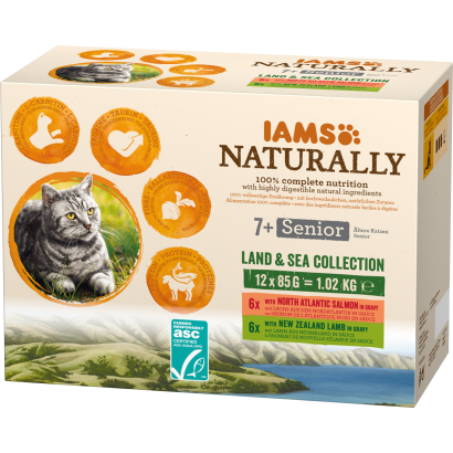 IAMS Naturally nedves eledel idős macskának különféle hússal és tengeri hallal szaftban 12 x 85 g