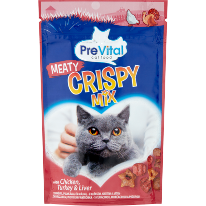 PreVital Crispy Mix jutalomfalatkák macskák számára csirkével, pulykával és májjal 60 g