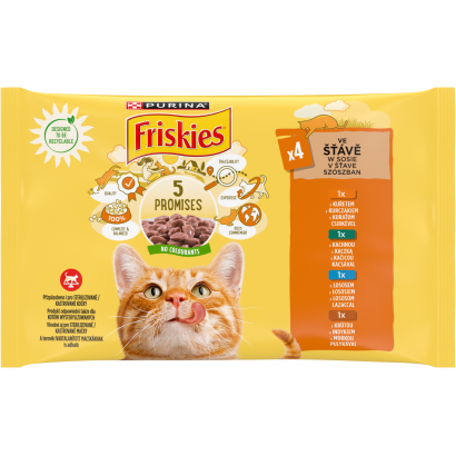 Purina Friskies szószban csirkével/kacsával/lazaccal/pulykával nedves macskaeledel 4 x 85 g