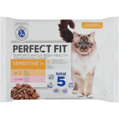 Perfect Fit Sensitive 1+ teljes értékű nedves eledel mártásban felnőtt macskáknak 4 x 85 g (340 g)