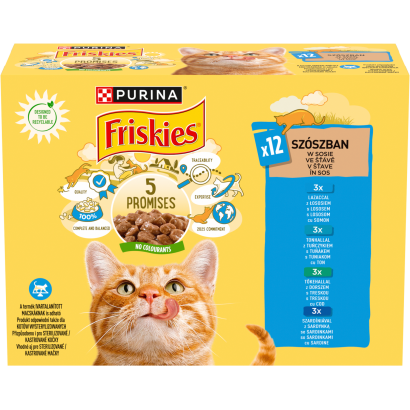 Purina Friskies szószban lazaccal/tonhallal/szardíniával/tőkehallal nedves macskaeledel 12 x 85 g