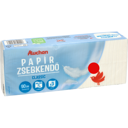 Auchan Kedvenc classic, illatmentes papír zsebkendő 3 rétegű 90 db