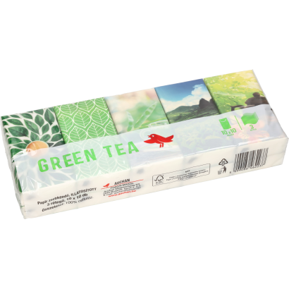 Auchan Kedvenc papír zsebkendő zöld tea illatú 3 rétegű 10 x 10 db/ csomag