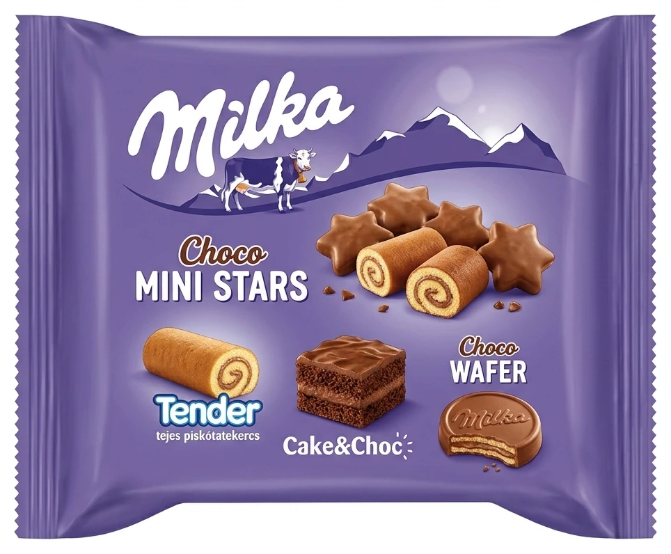 Milka Choco mini stars, Tender tejes piskótatekercs, Cake&Choc, Choco Wafer