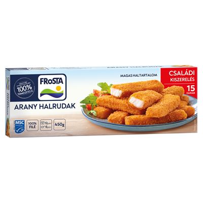 FRoSTA Gyorsfagyasztott Elősütött Halrudak Halfiléből Aranyló Ropogós Panírban 15 db 450 g