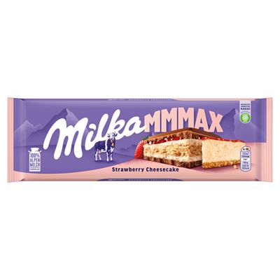 Milka alpesi tejcsokoládé sajttortaízű krémtöltelékkel, epres töltelékkel és keksszel 300 g