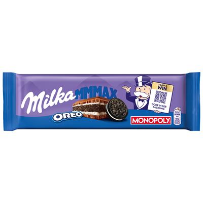 Milka Mmmax Oreo alpesi tejcsokoládé vanília ízű tejes krémtöltelékkel és kakaós keksszel 300 g
