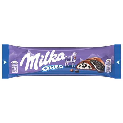 Milka & Oreo alpesi tejcsokoládé kakaós kekszdarabokkal és vaníliaízű tejes krémtöltelékkel 37 g