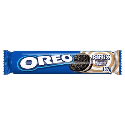 OREO Remix vaníliaízű és tiramisuízű töltelékkel töltött kakaós keksz 157 g