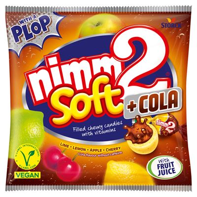 nimm2 Soft + Cola koffeinmentes gyümölcsös töltött cukorka vitaminokkal és kóla ízesítéssel 90 g
