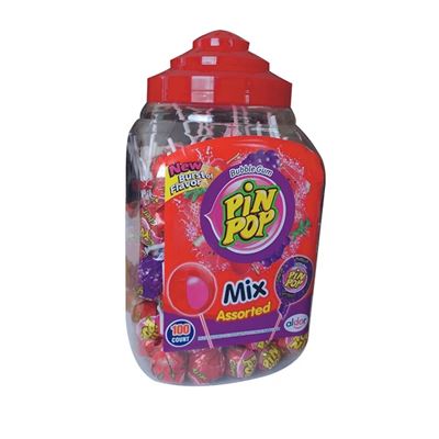 PINPOP Vegyes Gyümölcsízű Nyalóka közepén Rágóval 100 x 17 g