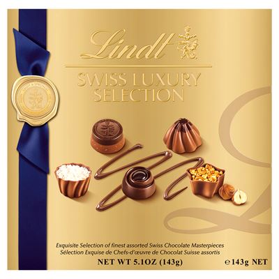 Lindt SWISS LUXURY Töltött Tej-, Fehér-, És Étcsokoládés Praliné Válogatás, 143 g