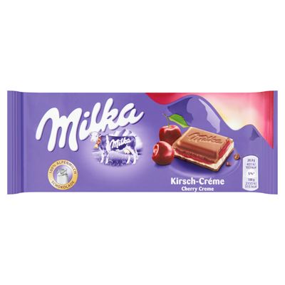 Milka alpesi tejcsokoládé meggyízű tejes krémtöltelékkel és meggyes gyümölcskrémmel 100 g