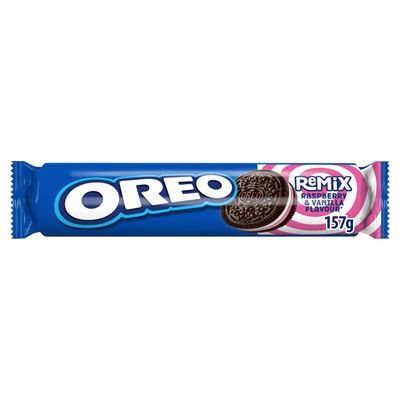 OREO Remix vaníliaízű és málnaízű töltelékkel töltött kakaós keksz 157 g