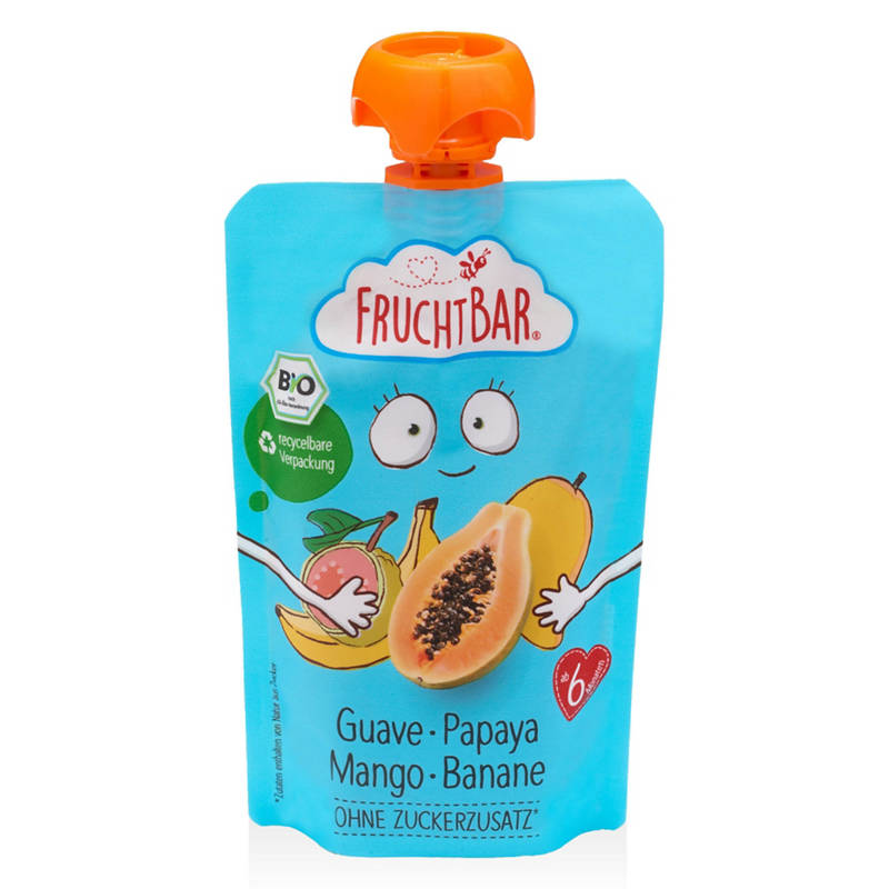 Bio gyümölcspüré, guava-papaya-mangó-banán, 100 g