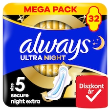 Always Ultra Secure Night Extra (5-ös Méretű) Szárnyas Betét Egészségügyi Betét, 32 Db
