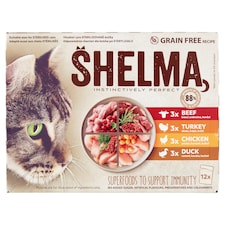 Shelma nedves macskaeledel felnőtt macskának gabonamentes párolt filé alutasakos macskatáp 12 x 85 g