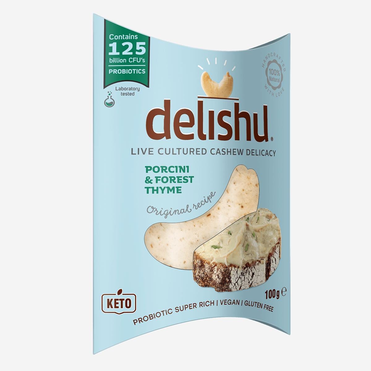 Delishu Fermentált, kesudió alapú friss sajt jellegű készítmény vargánya gombával és vad kakkukfűvel