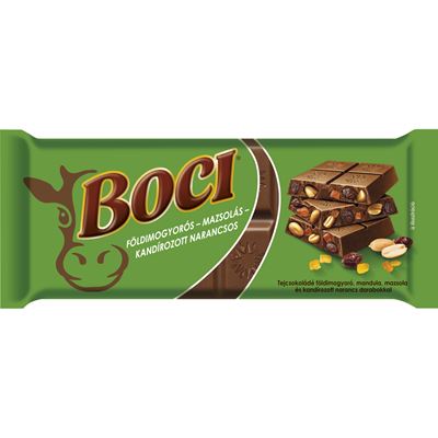BOCI Tejcsokoládé Földimogyoróval, Mandulával, Mazsolával és Narancsdarabokkal 90 g
