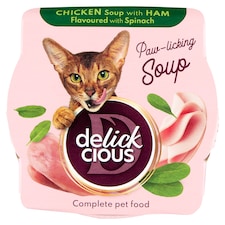 Delickcious csirkeleves sonkával és spenóttal ízesítve eledel felnőtt macskák számára 80 g