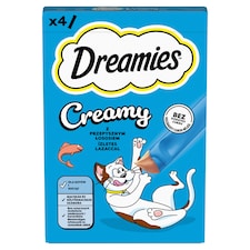 Dreamies Creamy kiegészítő macskaeledel lazaccal macskák és kölyökmacskák számára 4 x 10 g (40 g)