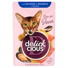 Delickcious lazacszeletek kagylóval ízletes szószban eledel felnőtt macskáknak 85 g