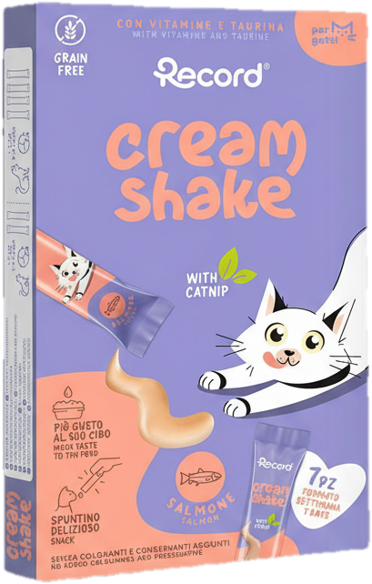 Record Cream Shake nedves jutalomfalat macskáknak, lazac és macskamenta 7x12 g