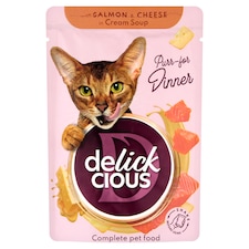 Delickcious lazaccsíkok sajttal krémlevesben teljes értékű szaftos eledel felnőtt macskáknak 85 g