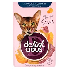 Delickcious kacsacsíkok sütőtökkel krémlevesben teljes értékű szaftos eledel felnőtt macskáknak 85 g