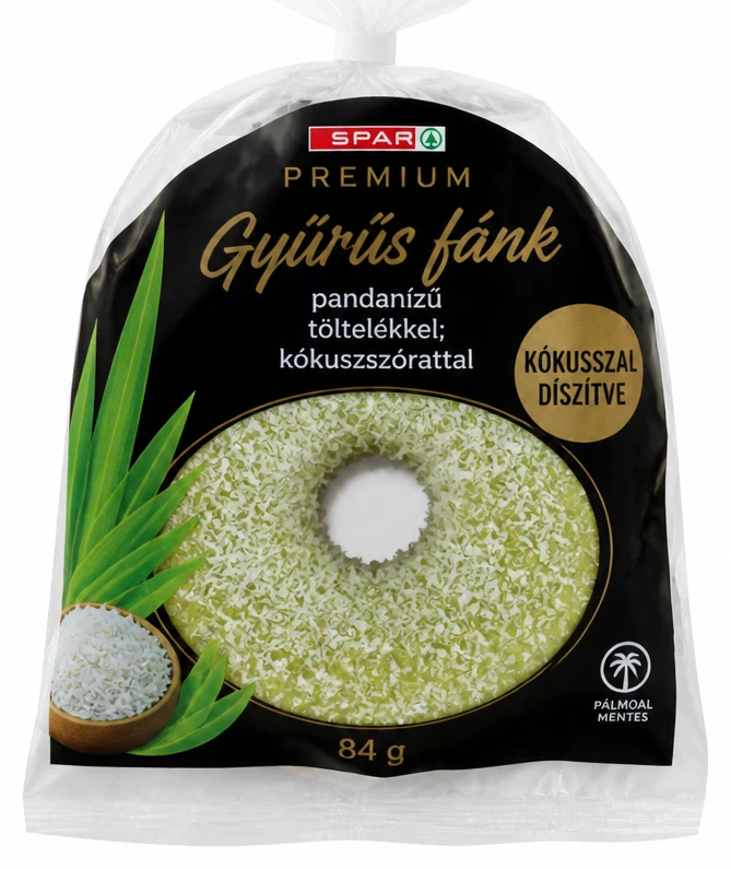 Gyűrűs fánk pandanízű töltelékkel; kókuszszórattal
