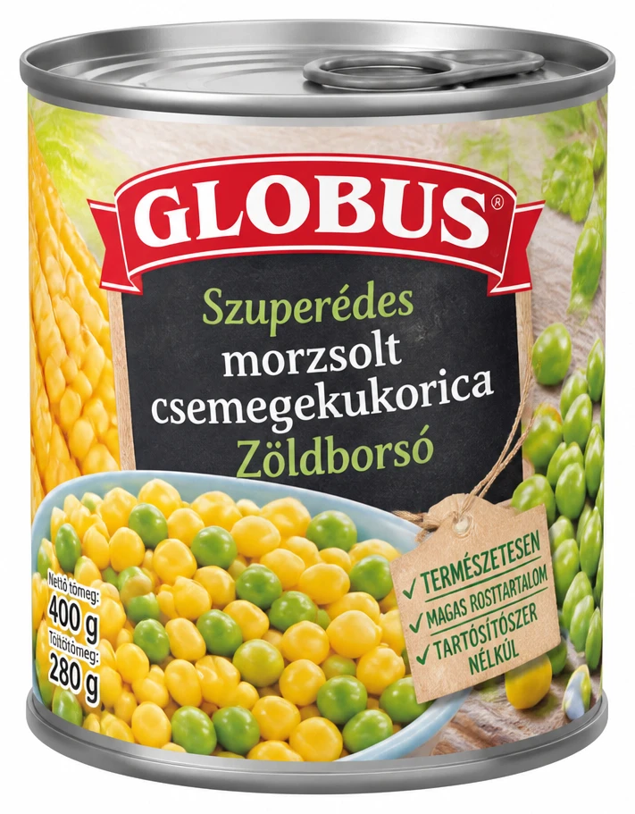 Globus zöldségkonzerv Szuperédes morzsolt csemegekukorica, Zöldborsó